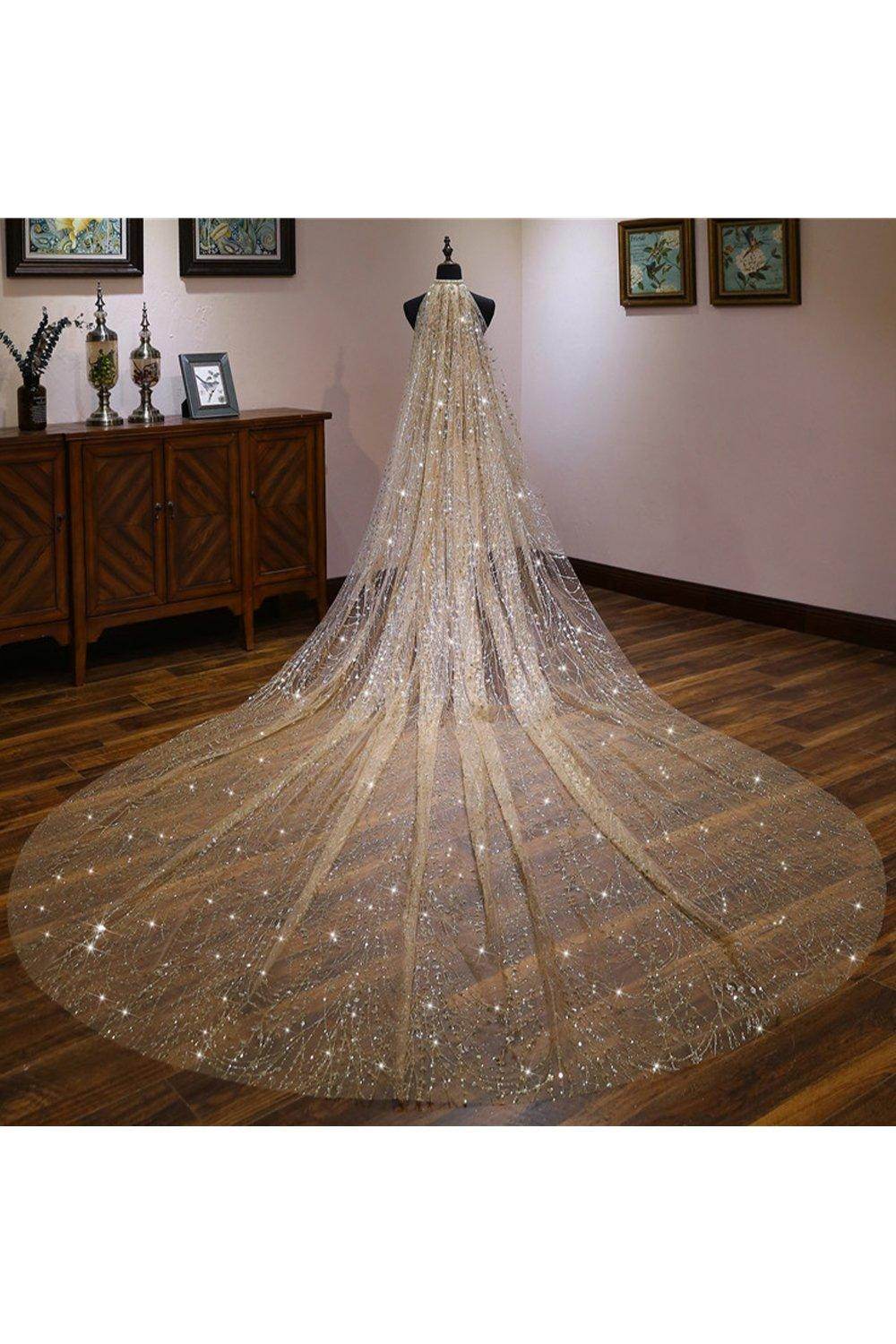 One-tier Cut Edge Tulle Cathedral Veils with Glitter Powder CV0358 - COCOMELODY